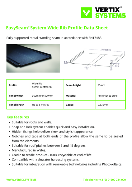 Vertix EasySeam System Wide Rib Profile Data Sheet