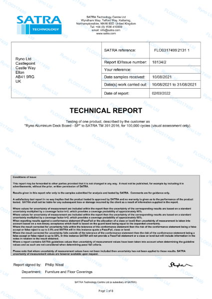 Durability - Footfall Test Report TM 391 - Ryno Aluminium Decking System