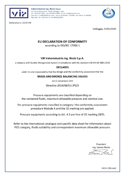 VIR PED Declaration Manual Balancing Valves