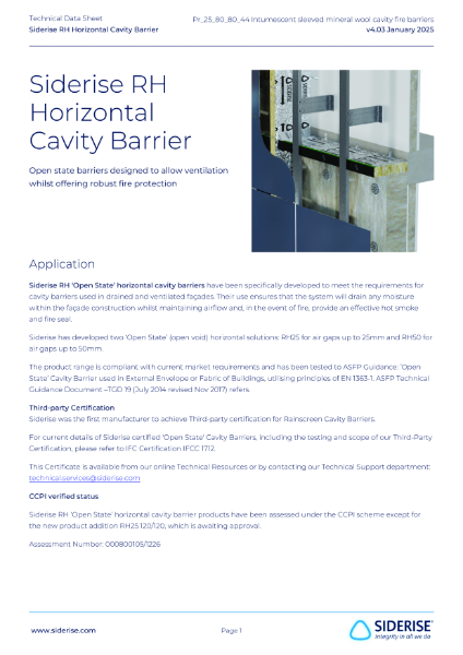 Siderise RH | Cavity Barriers for Ventilated Cladding / Rainscreen – Horizontal  – Technical Data v4.03