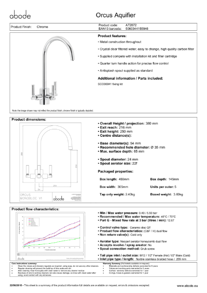 Orcus Aquifier Filtered Water Tap Consumer Specification