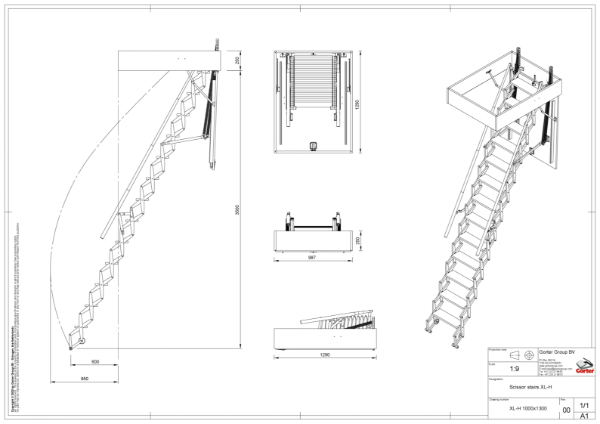 Gorter Scissor stairs - XL-H 1000 x 1300 mm – Ceiling height up to 3500 mm - Technical 2D Drawing