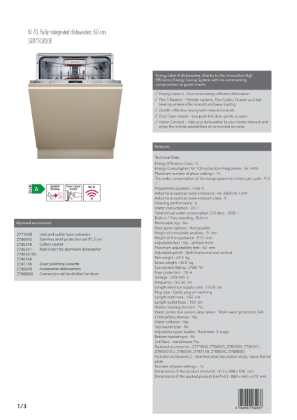 Fully Integrated 60cm Dishwasher, S187TC800E Datasheet