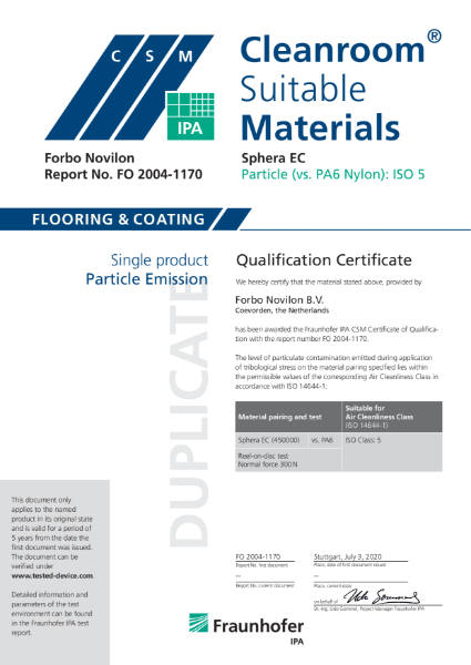 Forbo Sphera EC Fraunhofer Particle Emission Certificate