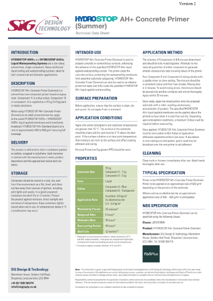 Hydrostop AH+ Liquid Waterproofing Concrete Primer (Summer) Datasheet