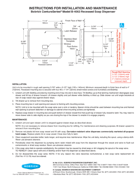 Instructions for Installation and Maintenance - Bobrick ConturaSeries® Model B-4063 Recessed Soap Dispenser