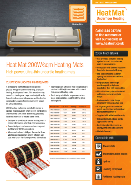 200W Underfloor Heating Mat Datasheet