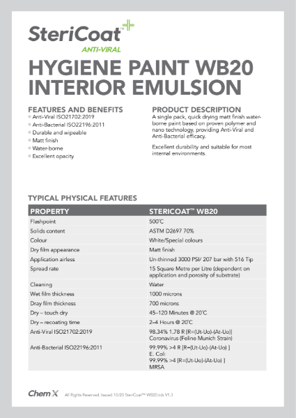 SteriCoat WB20 Anti-Viral Technical Data