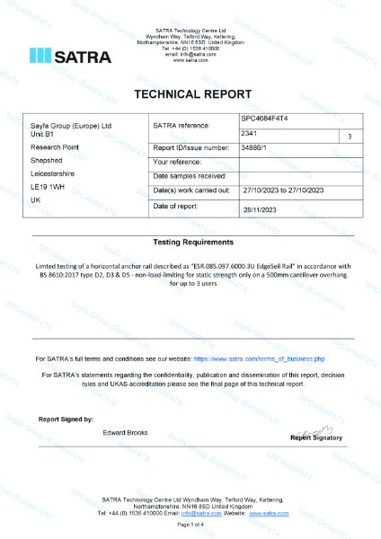SATRA EdgeReil™ Rail Cantilever Test Report - BS 8610.2017 3U