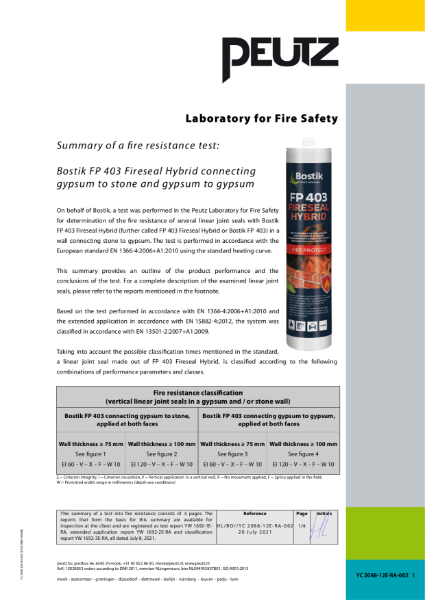 Bostik Professional FP403 Summary of Tests Gypsum