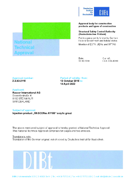 RASCOflex AY108 DIBt-Approval (injection grout for reinforced concrete)  EN