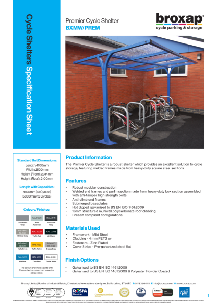 Premier Cycle Shelter Specification Sheet