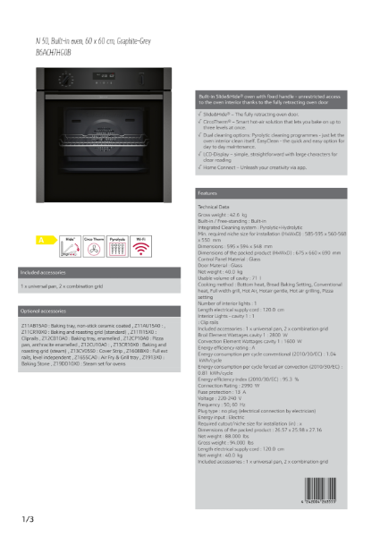 Single oven Slide and Hide door Graphite grey trim N50 B6ACH7HG0B, Datasheet