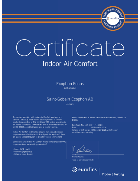 Ecophon Eurofins Certificate - Focus - Indoor Air Comfort - November 2025