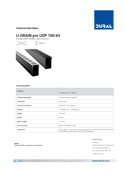 U-DRAIN pro UDP 100-65 Technical Data Sheet