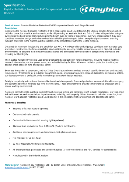 PVC Encapsulated Lead-Lined Doorset - Specification