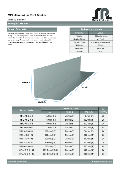 Metal Profiles - Aluminium Roof Soaker TDS