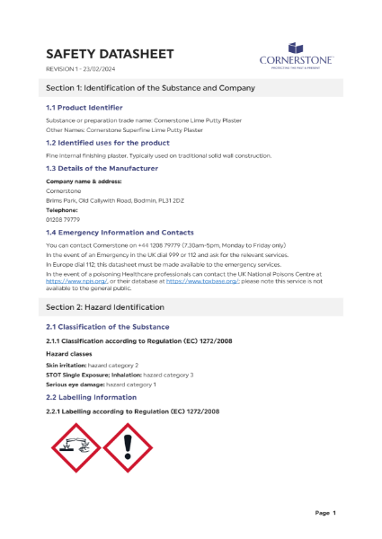 Lime Putty Plaster - Safety Datasheet