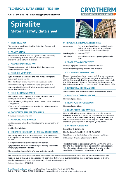 Spiralite TDS180 Material Safety Data Sheet