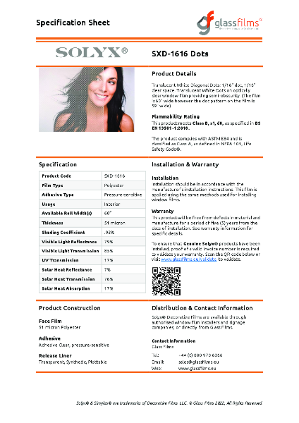 SXD-1616 Dots Specification Sheet