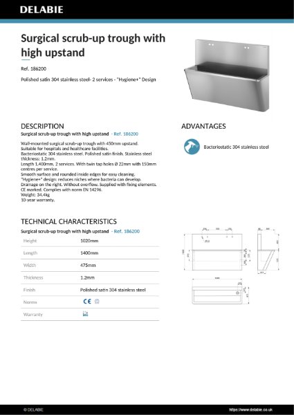 Surgical Scrub-Up Trough, High Upstand, 2 Tap Holes Data Sheet - 186200