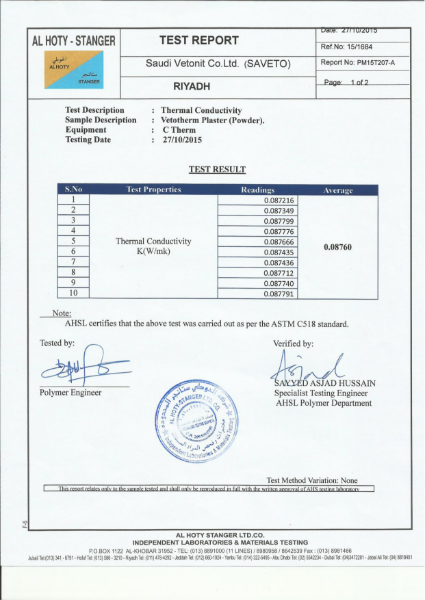 Test Results- Thermal Conductivity- Vetotherm Plaster