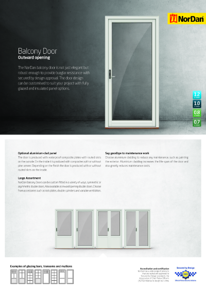 Balcony Door Outward Opening Data Sheet