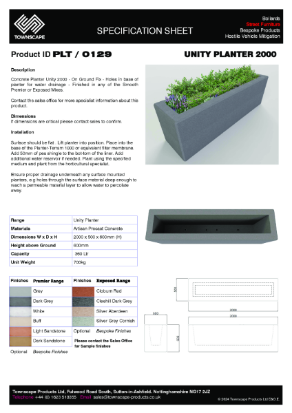 Unity 2000 Concrete Planter Specification Sheet PLT-0129