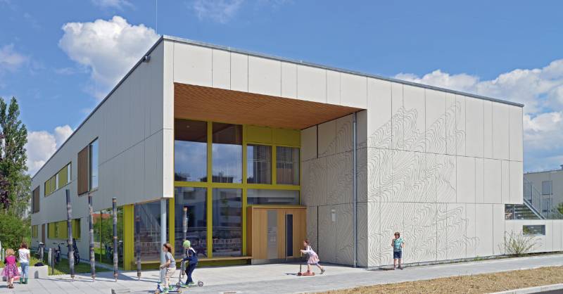 Beautifully milled EQUITONE facade design on Munich Nursery