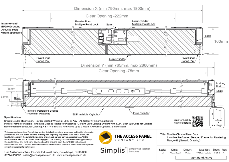 Christo Riser Door Double Door with Beaded Frame Technical Drawing