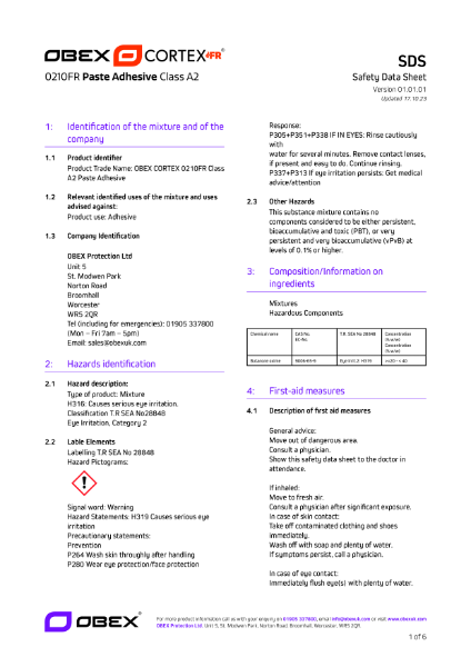 OBEX CORTEX 0210FR Paste Adhesive Class A - SDS