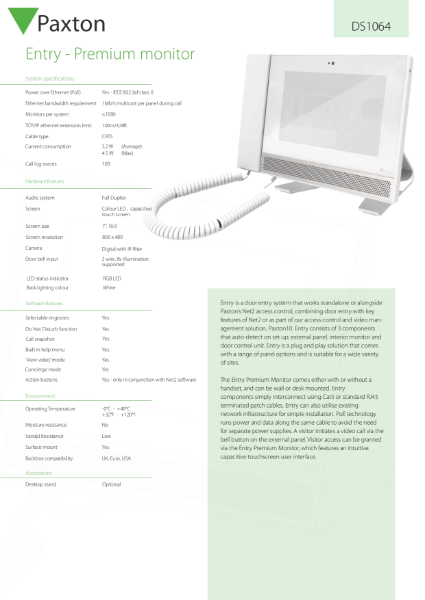 Entry, Premium monitor - data sheet