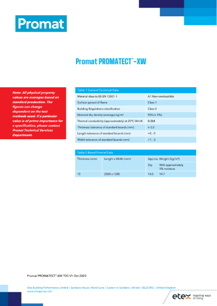 Promat Promatect®-XW - High Performance Fire Protection Board - Technical Data Sheet
