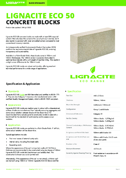 Lignacite ECO 50 Concrete Blocks Datasheet