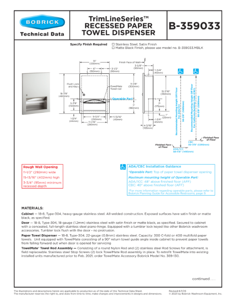 B-359033 Recessed Paper Towel Dispenser
