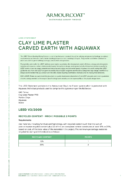 Armourcoat Clay Lime Plaster Carved Earth - LEED Statement