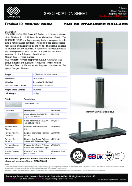 PAS 68 Bollard CT40 N2/02 Specification Sheet VED0013USM