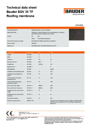 Bauder EGV 35 TF Underlayer - Technical Data Sheet