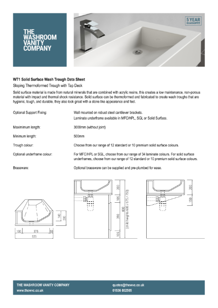 WT1 – Sloping Thermoformed Wash Trough with Tap Deck Datasheet