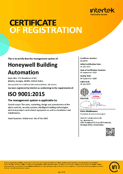 Honeywell Building Automation ISO 9001:2015