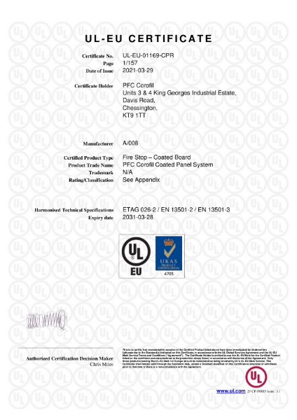 PFC Corofil Coated Panel System CCPS - UL-EU Certificate: 01169-CPR