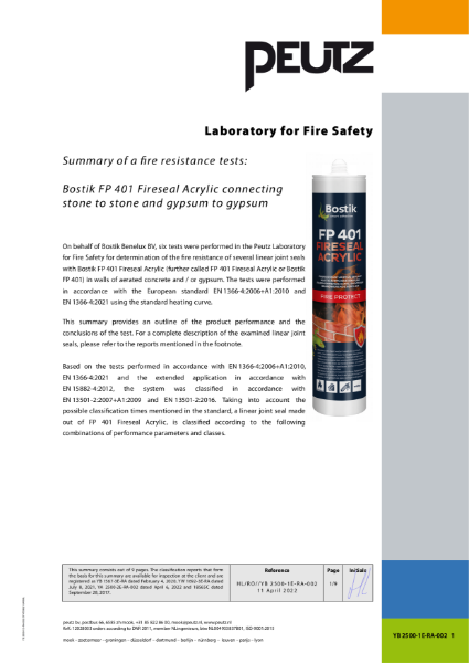 Bostik FP401 Fireseal Acrylic Summary of Tests