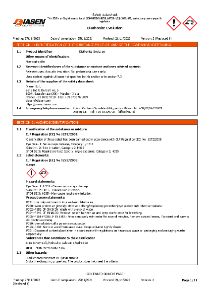 Diasen Diathonite Evolution Material Safety Datasheet