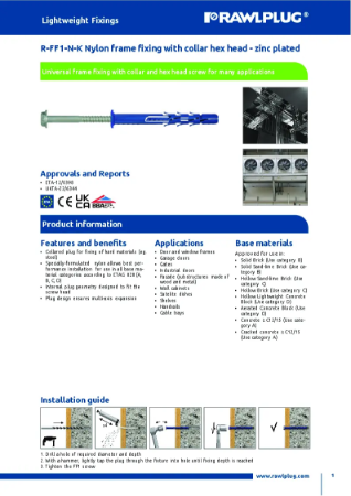 Rawlplug® FF1 Nylon Frame Fixing, zinc plated - Technical Data Sheet