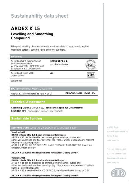 ARDEX K 15 Sustainability Data Sheet