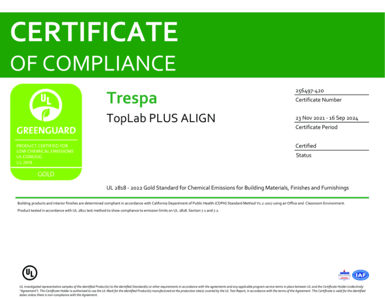 Greenguard Gold certificate Trespa® TopLab® PLUS ALIGN