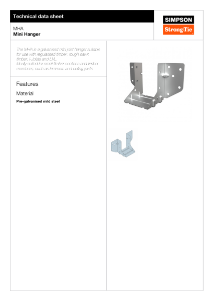 MHA: Galvanised Mini Joist Hanger Technical Data Sheet