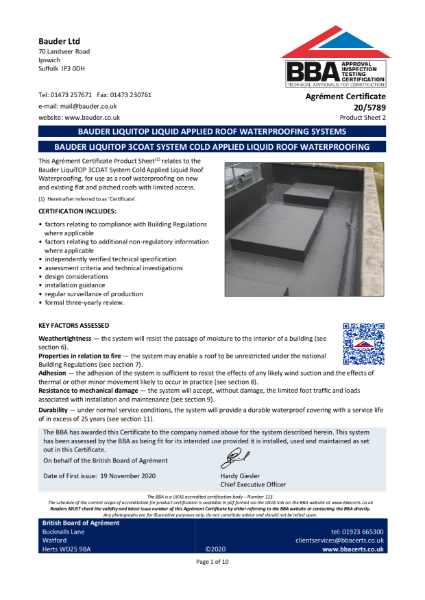 Certificate: Bauder LiquiTOP 3Coat System Cold Applied Liquid Roof Waterproofing 20/5789