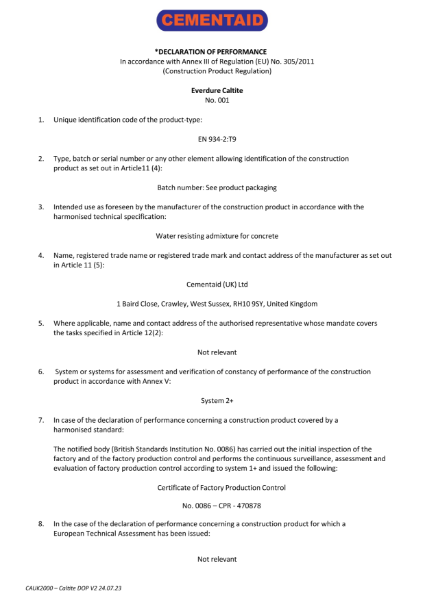 Everdue Caltite - Declaration of Performance (DoP)