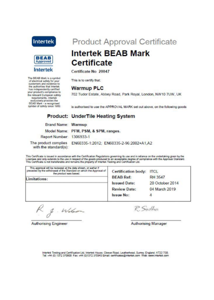 Intertek BEAB Mark Certificate (Undertile heating system)